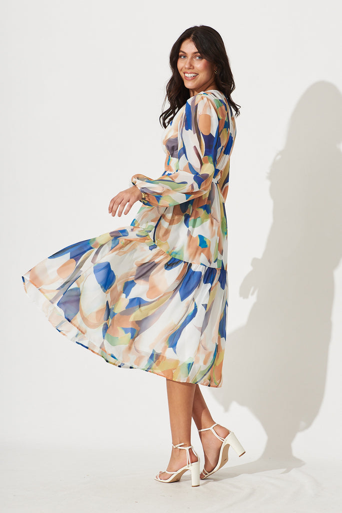 Brenda Midi Dress In White With Rust And Blue Print Chiffon - side