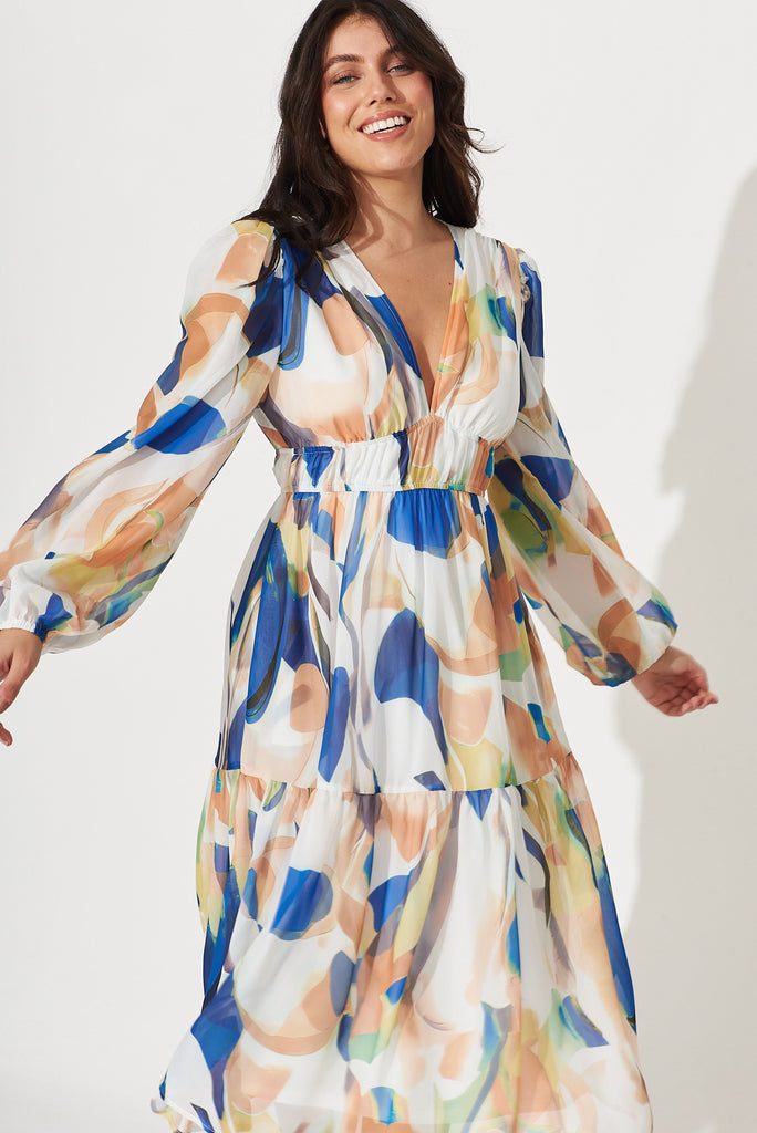 Brenda Midi Dress In White With Rust And Blue Print Chiffon - front