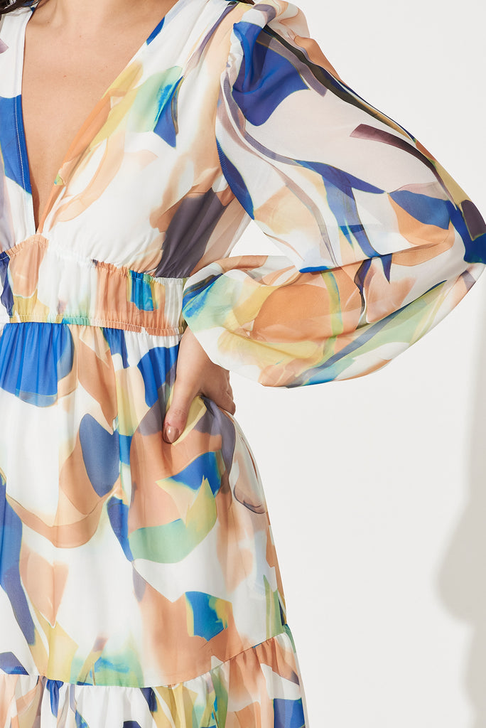Brenda Midi Dress In White With Rust And Blue Print Chiffon - detail