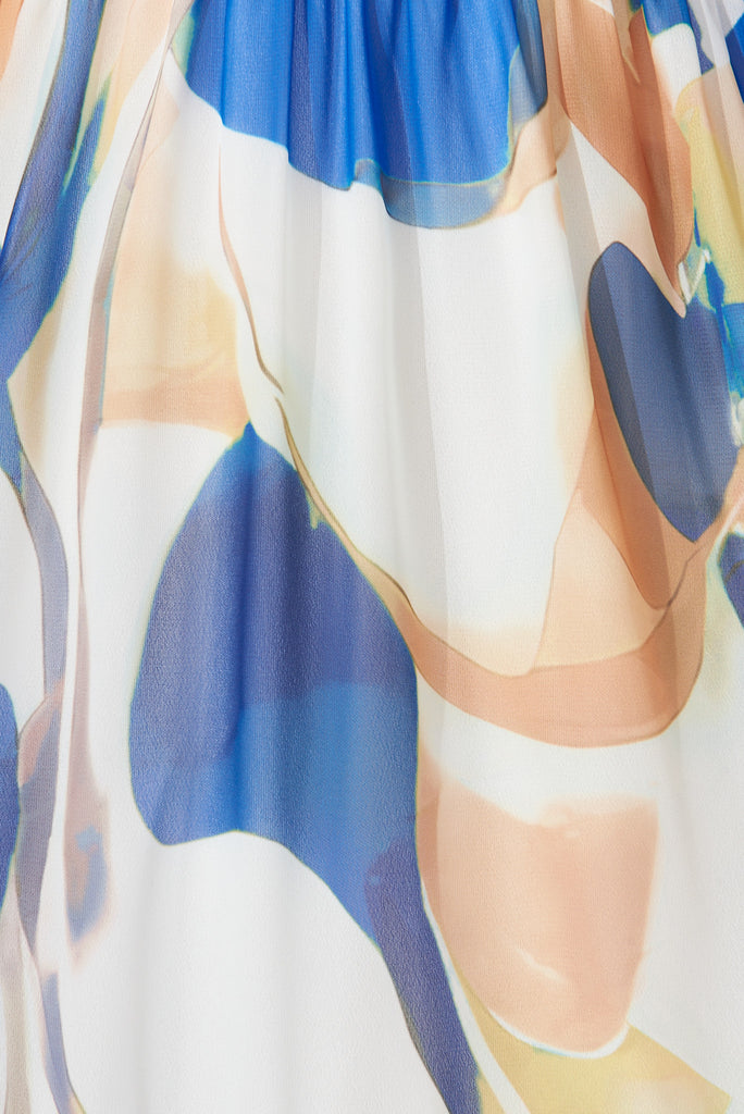 Brenda Midi Dress In White With Rust And Blue Print Chiffon - fabric