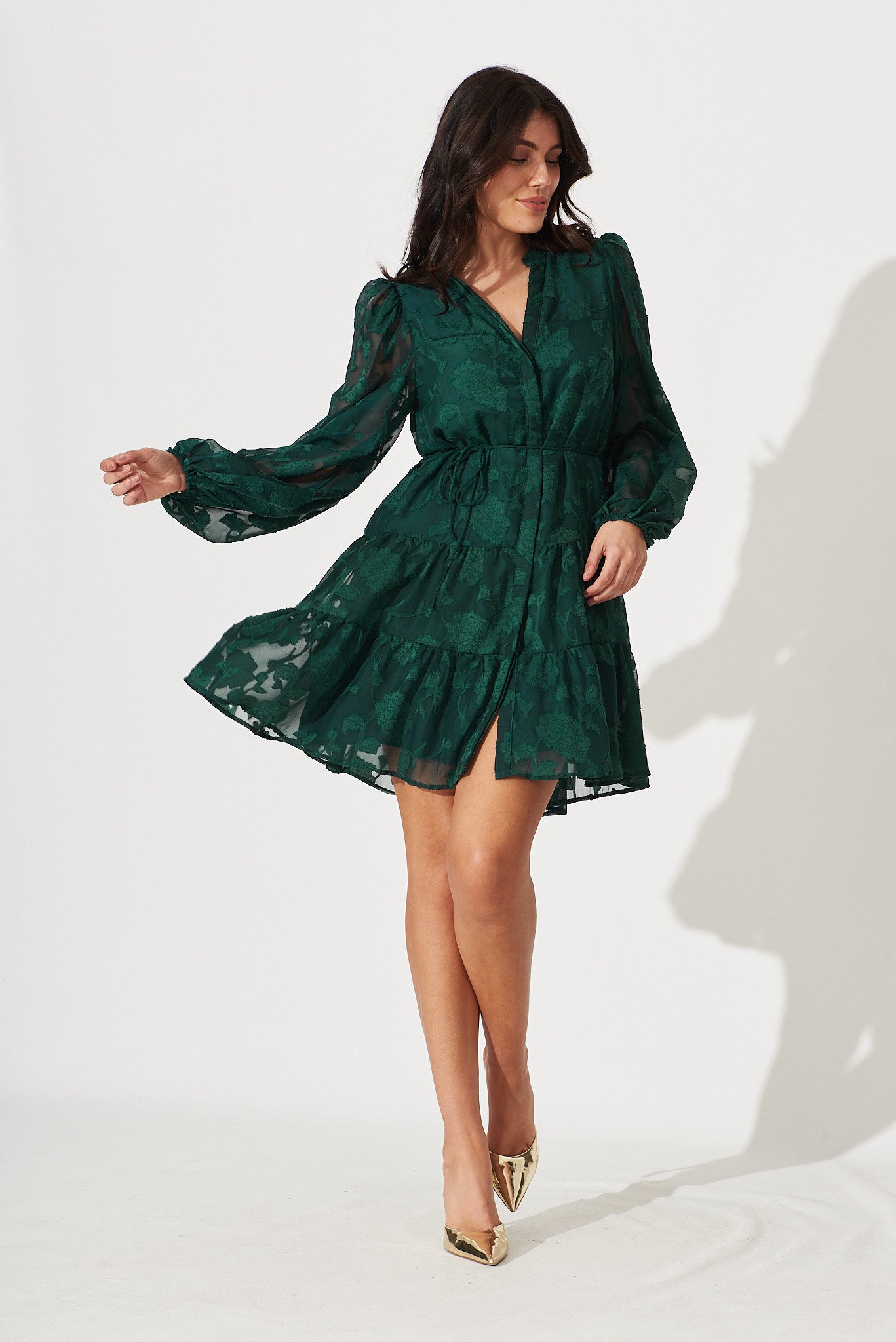 Celestia Shirt Dress In Emerald Burnout Chiffon - full length