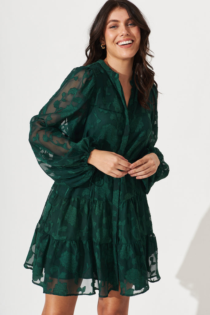 Celestia Shirt Dress In Emerald Burnout Chiffon - front