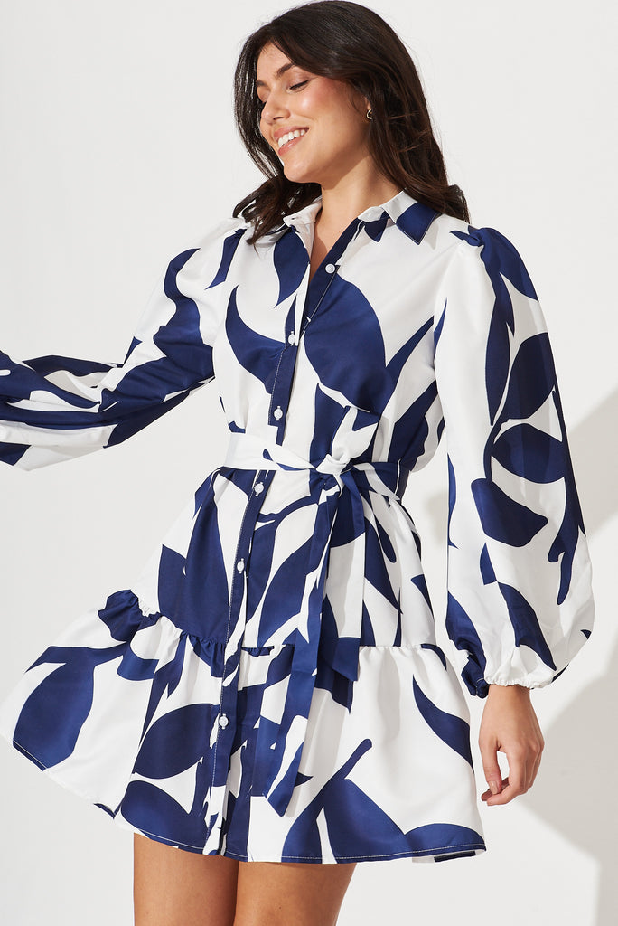 Giulia Shirt Dress In White With Navy Print - front