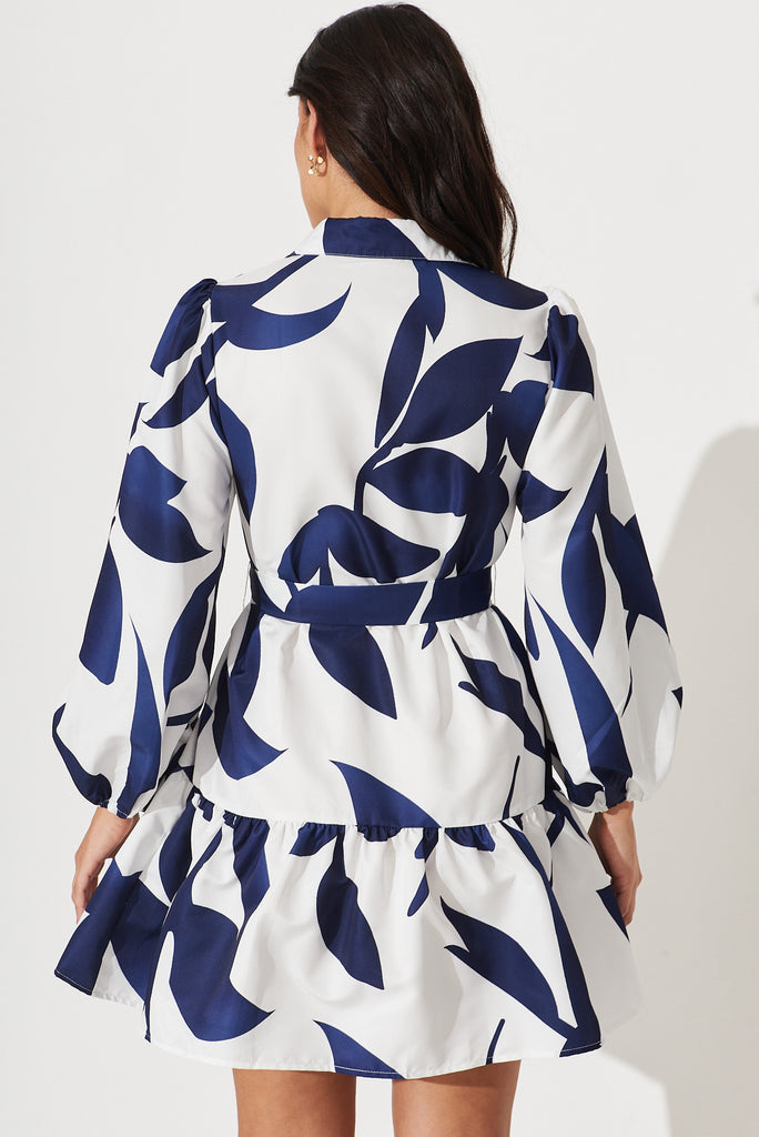 Giulia Shirt Dress In White With Navy Print - back