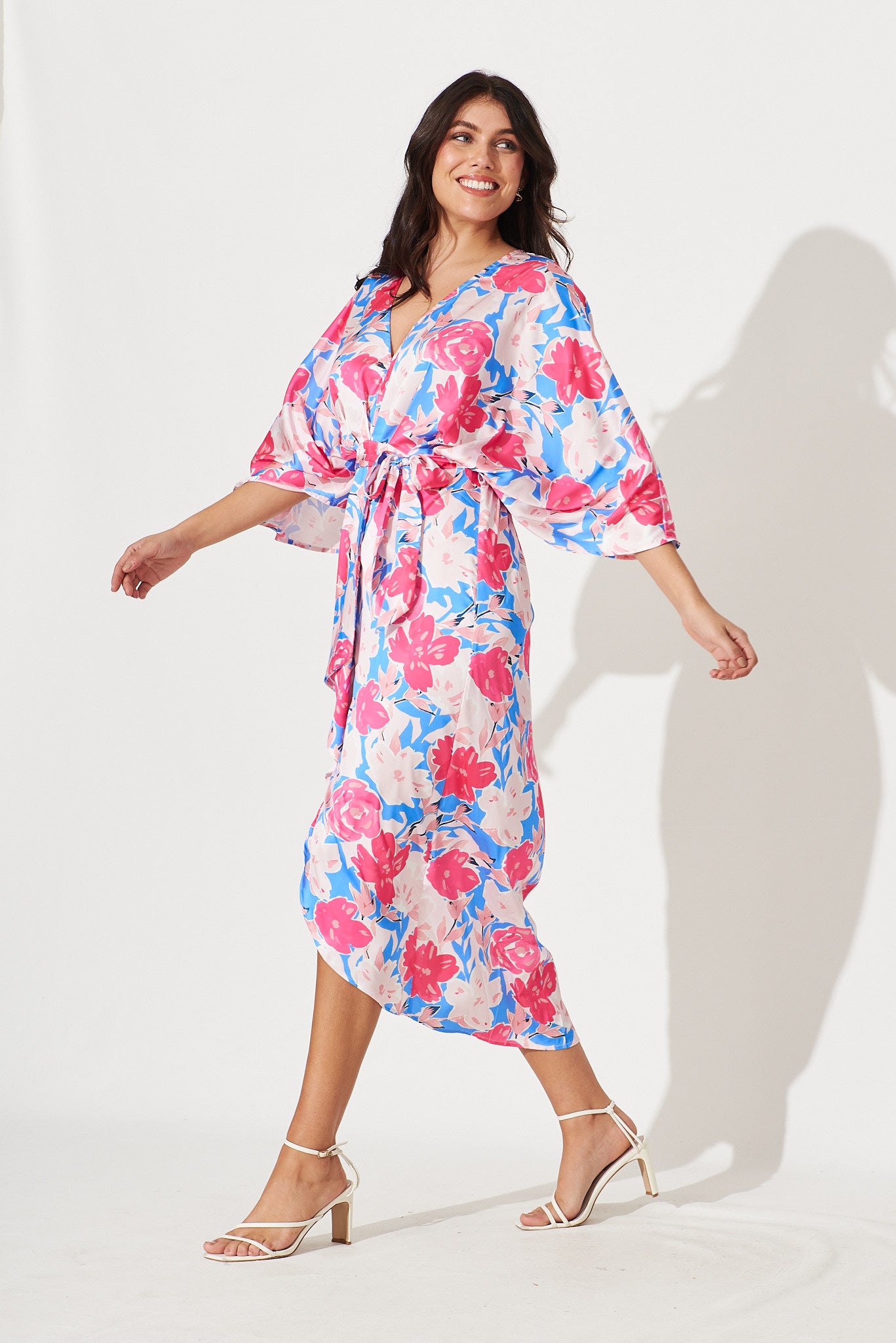 Joyful Dress In Blue And Pink Floral Satin – St Frock
