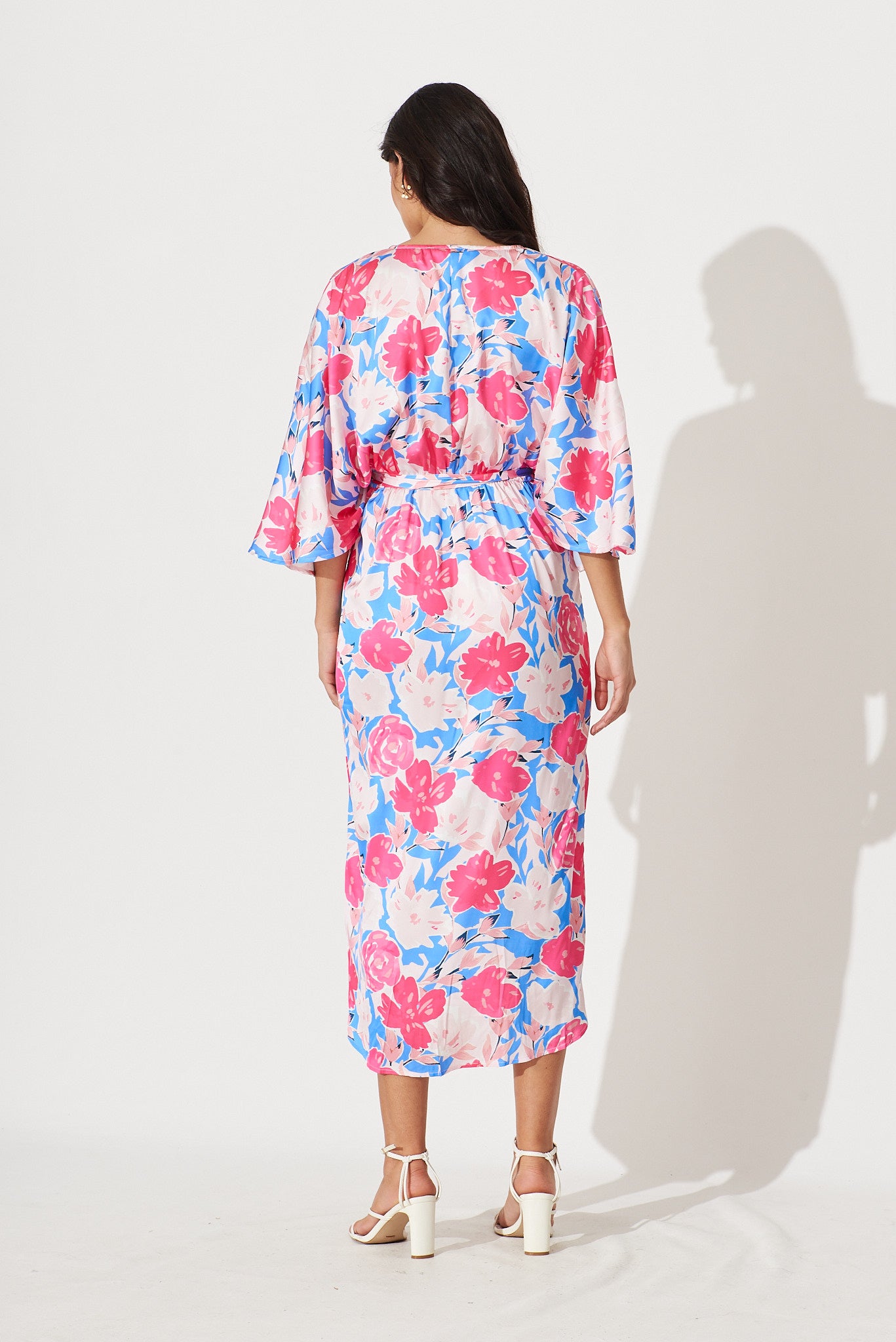 Joyful Dress In Blue And Pink Floral Satin – St Frock