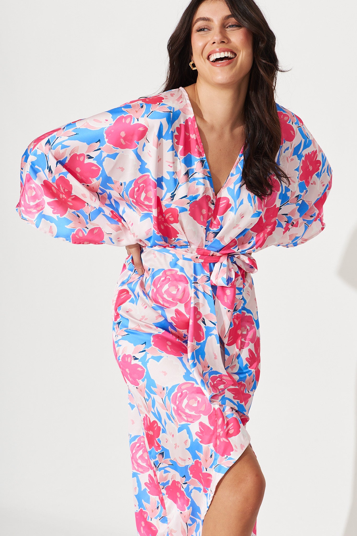 Joyful Dress In Blue And Pink Floral Satin – St Frock