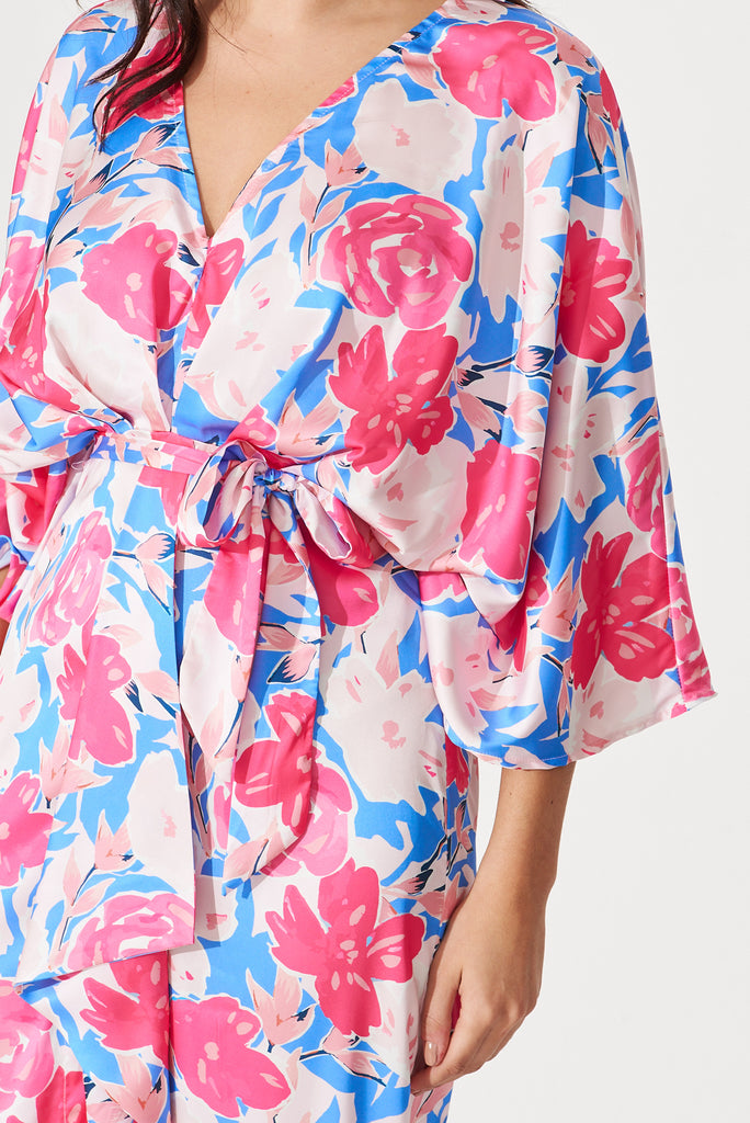 Joyful Dress In Blue And Pink Floral Satin - detail