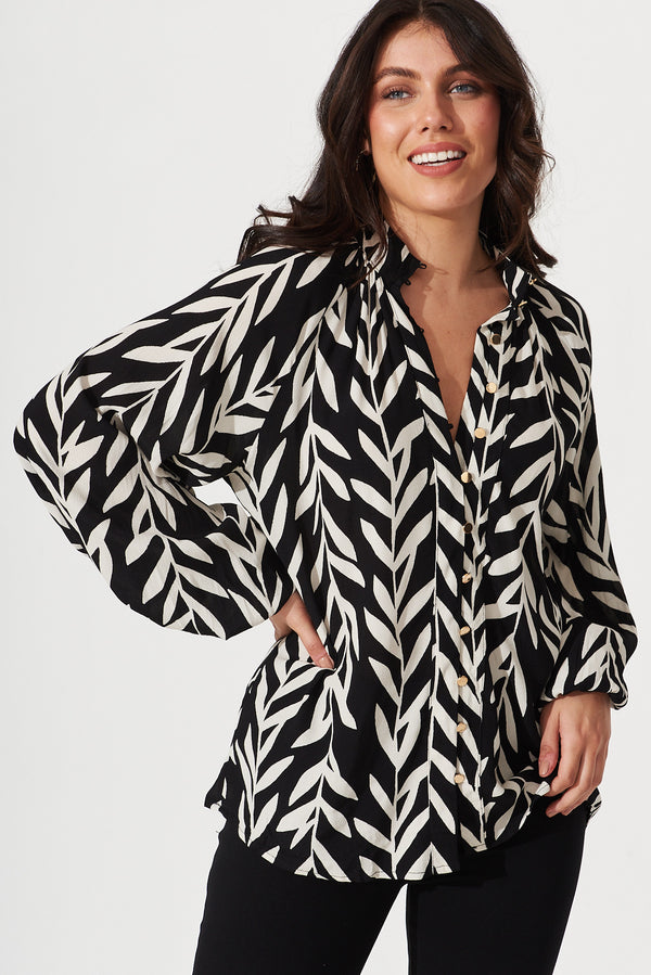 Aaliyah Shirt In Black With White Leaf Print – St Frock