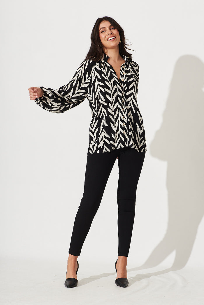 Aaliyah Shirt In Black With White Leaf Print - full length