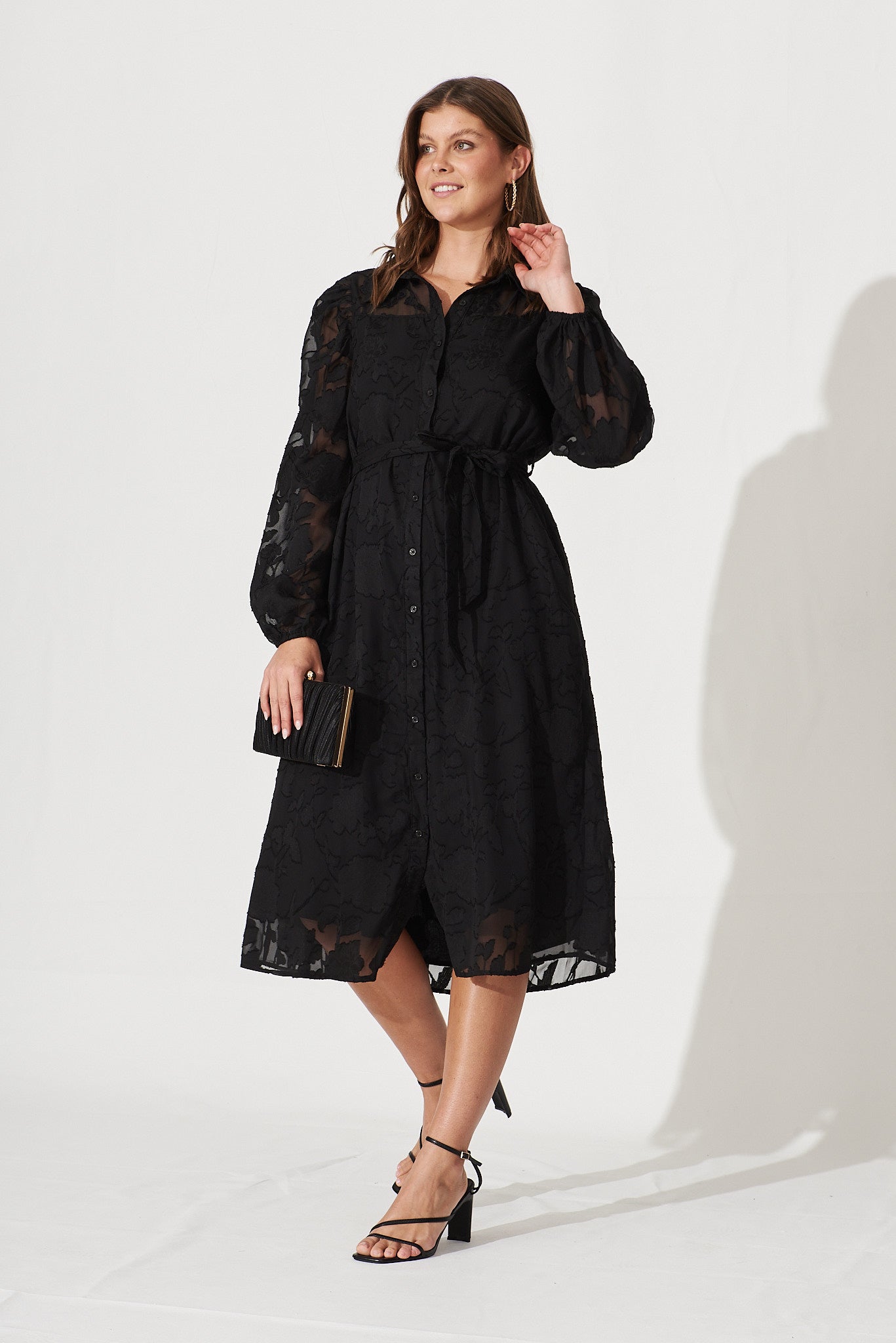 Sucession Midi Shirt Dress In Black Burnout Chiffon St Frock
