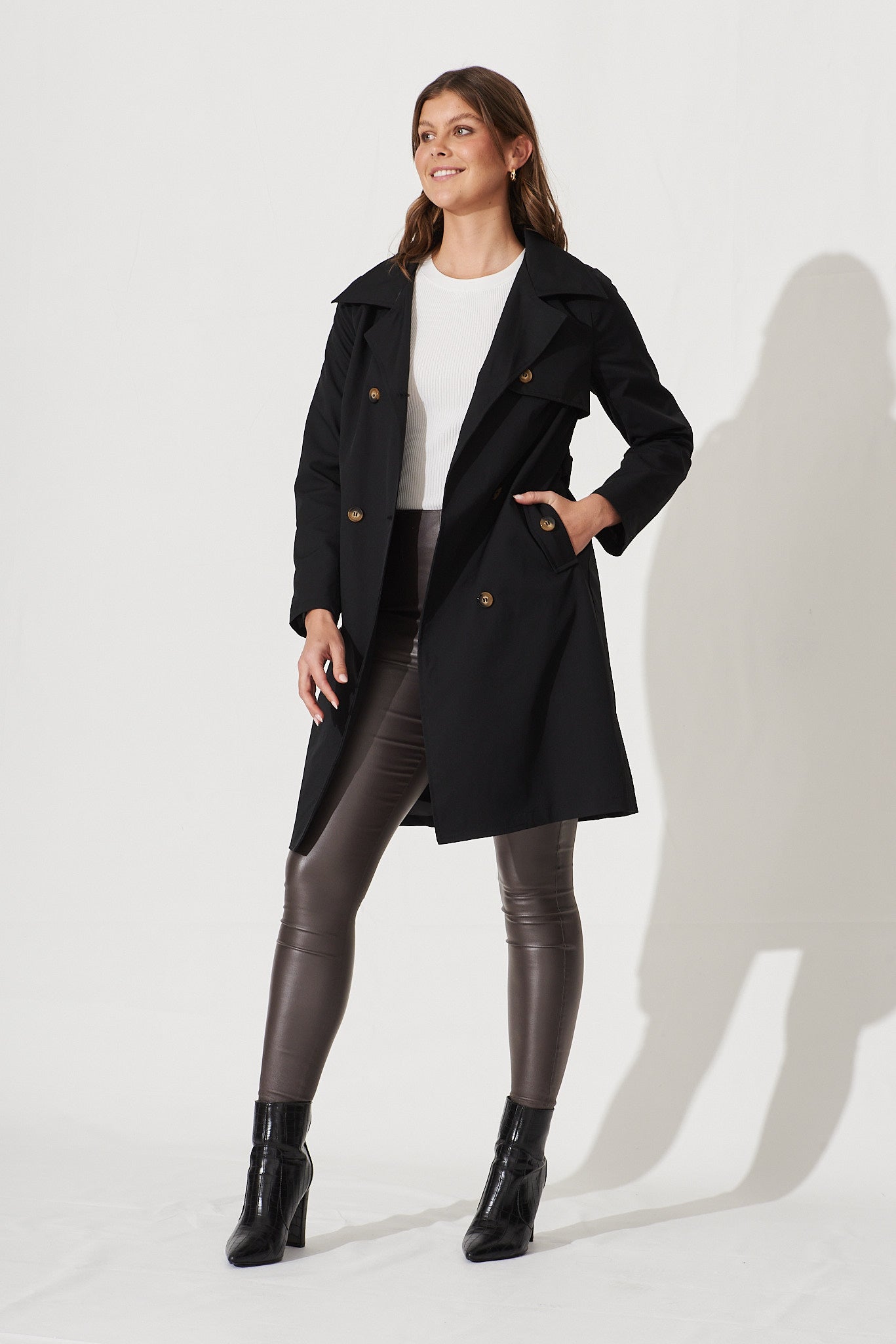 Tanya Trench Coat In Black Cotton Blend - full length