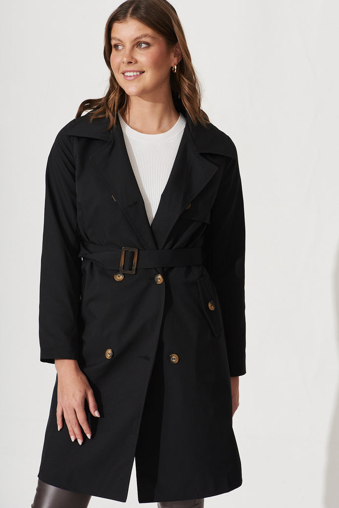 Tanya Trench Coat In Black Cotton Blend - front