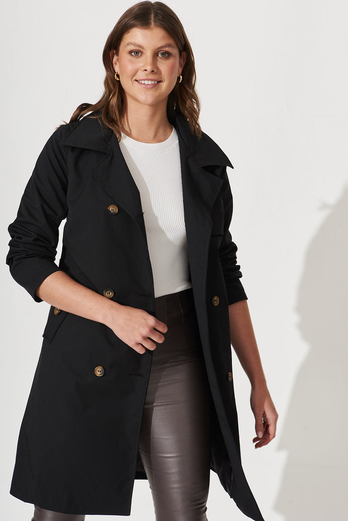 Tanya Trench Coat In Black Cotton Blend - front