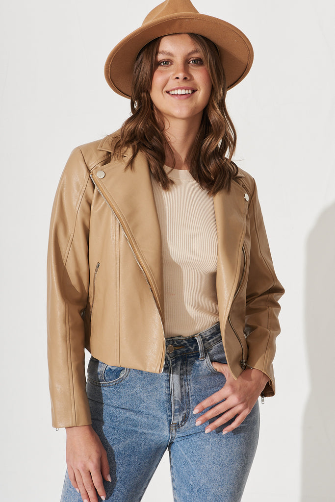 Cuba Leatherette Jacket In Taupe - front
