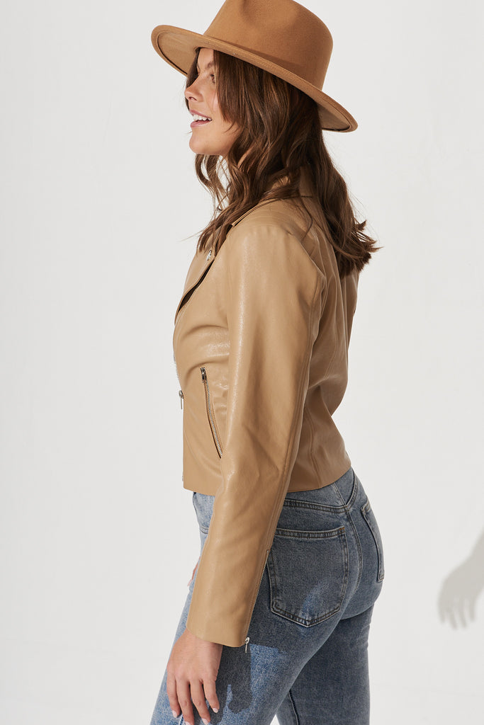 Cuba Leatherette Jacket In Taupe - side