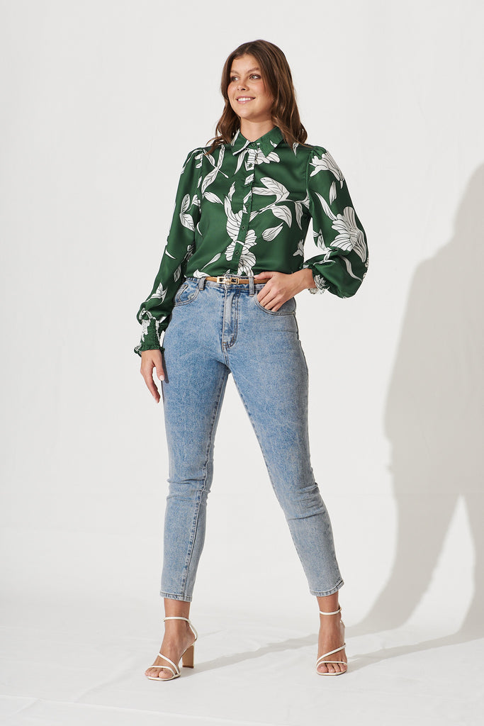 Callia Shirt In Green With White Floral Print - full length