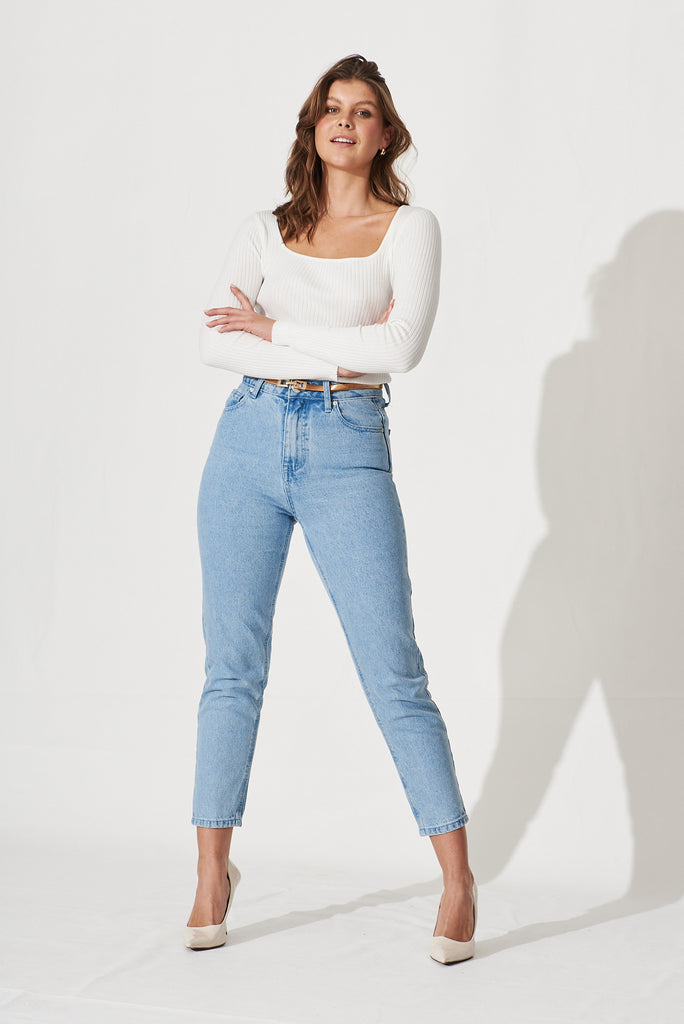 Kaiya High Waisted Straight Jean in Mid Blue Denim - full length