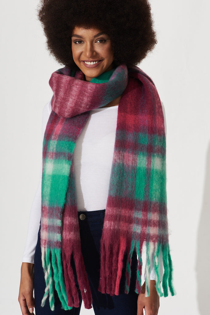 August + Delilah Brooklyn Knit Scarf In Multi Green And Red Check -front
