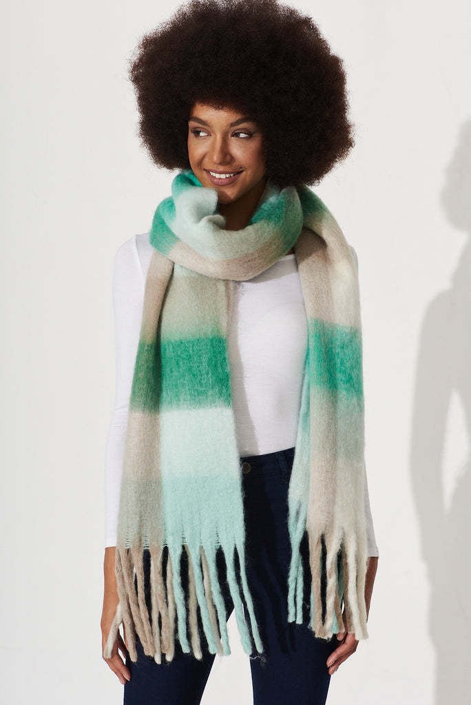 August + Delilah Brooklyn Knit Scarf In Multi Green Check - front