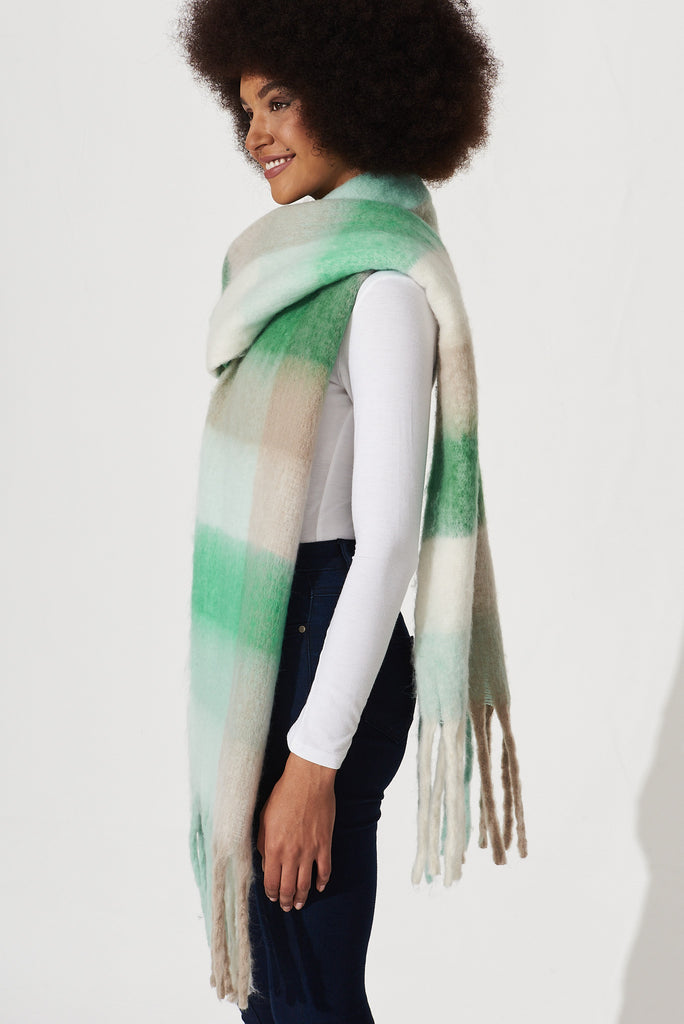 August + Delilah Brooklyn Knit Scarf In Multi Green Check - side