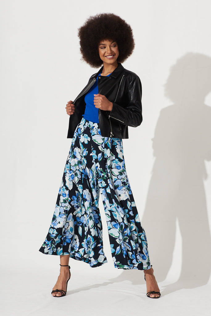 Sugary Pant In Black With Multi Blue Floral Print - full length