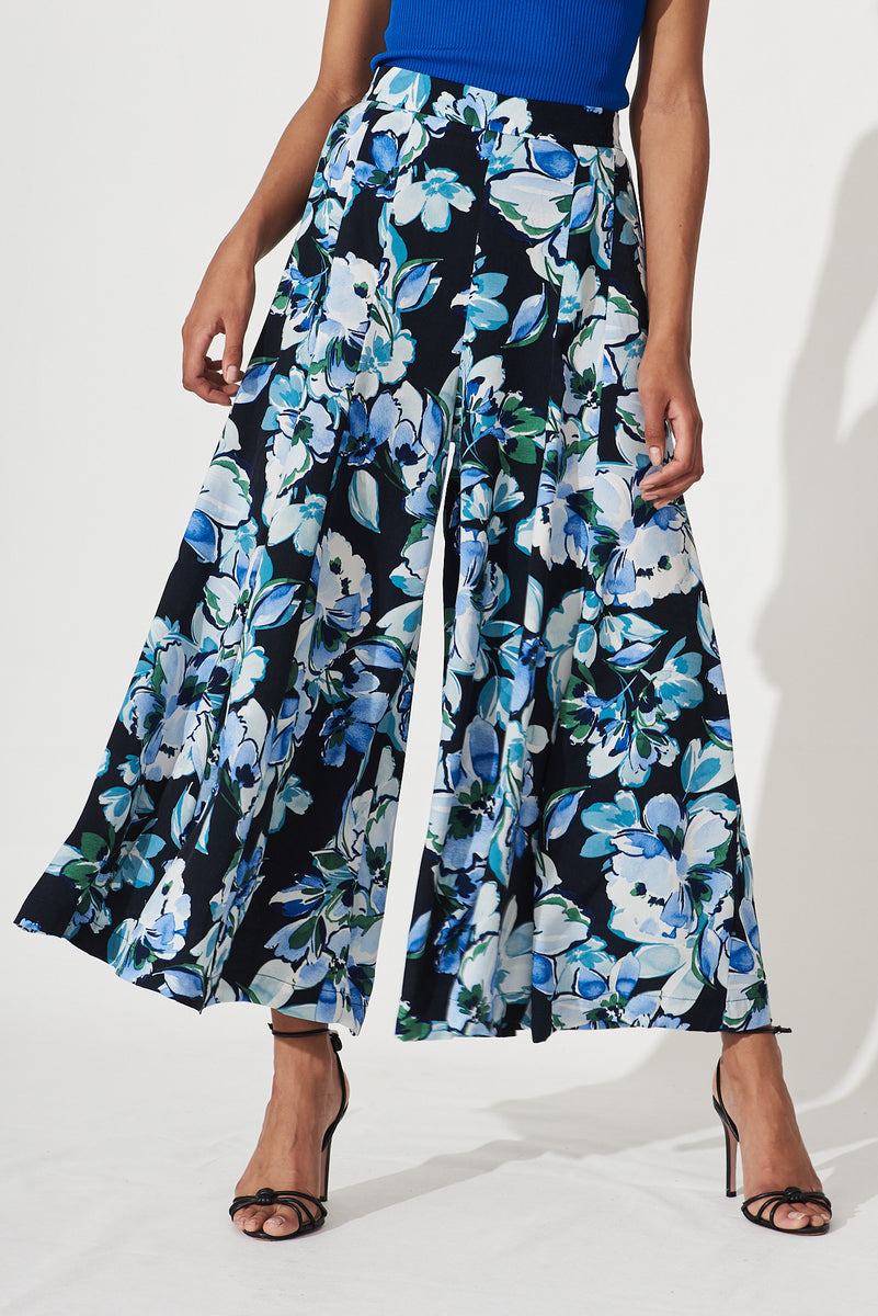Sugary Pant In Black With Multi Blue Floral Print – St Frock