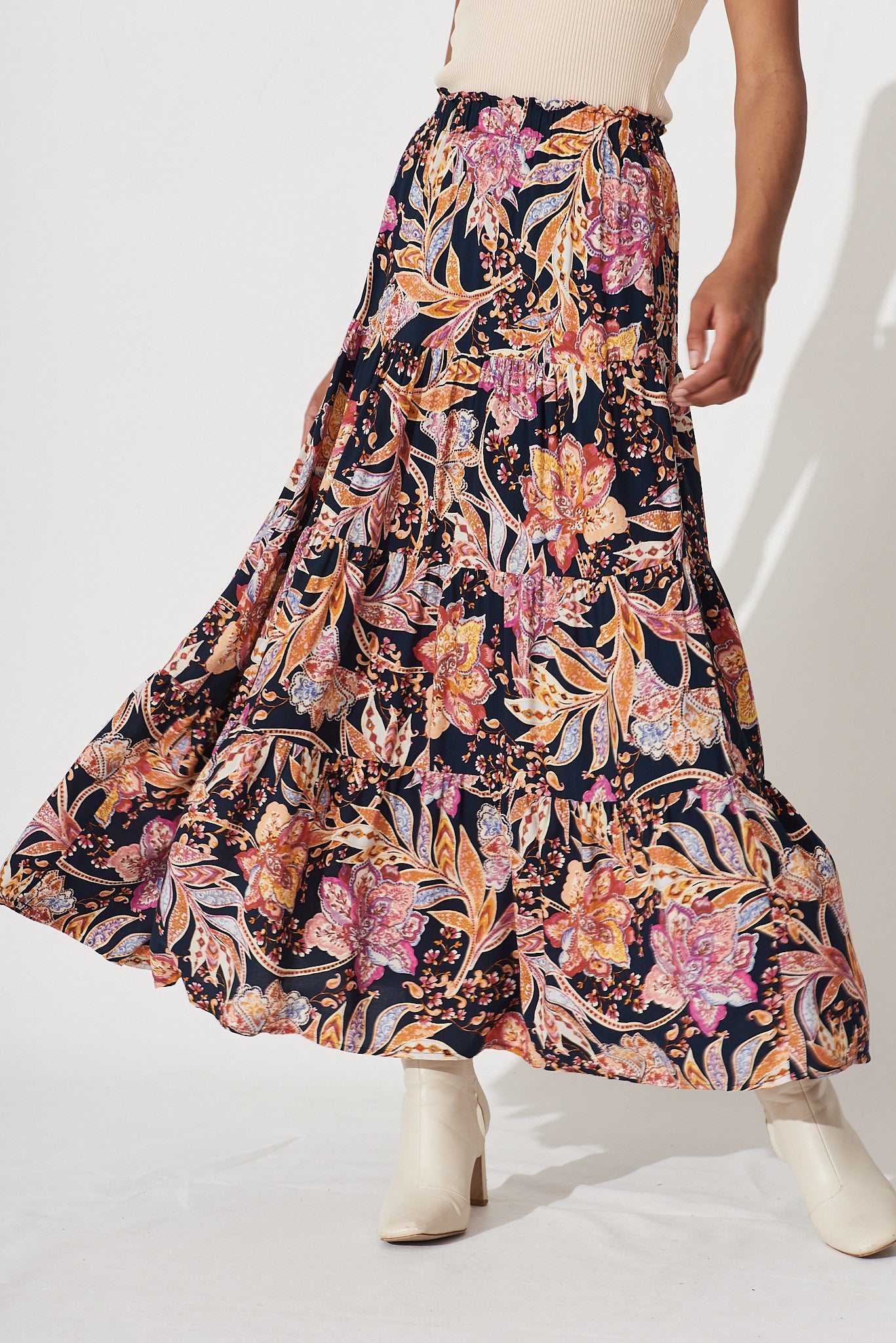 Ocean Breeze Maxi Skirt In Ink With Pink And Yellow Floral - front