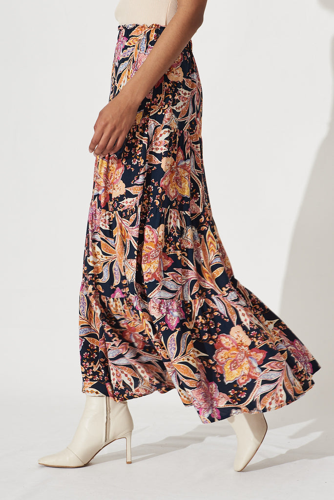 Ocean Breeze Maxi Skirt In Ink With Pink And Yellow Floral - side