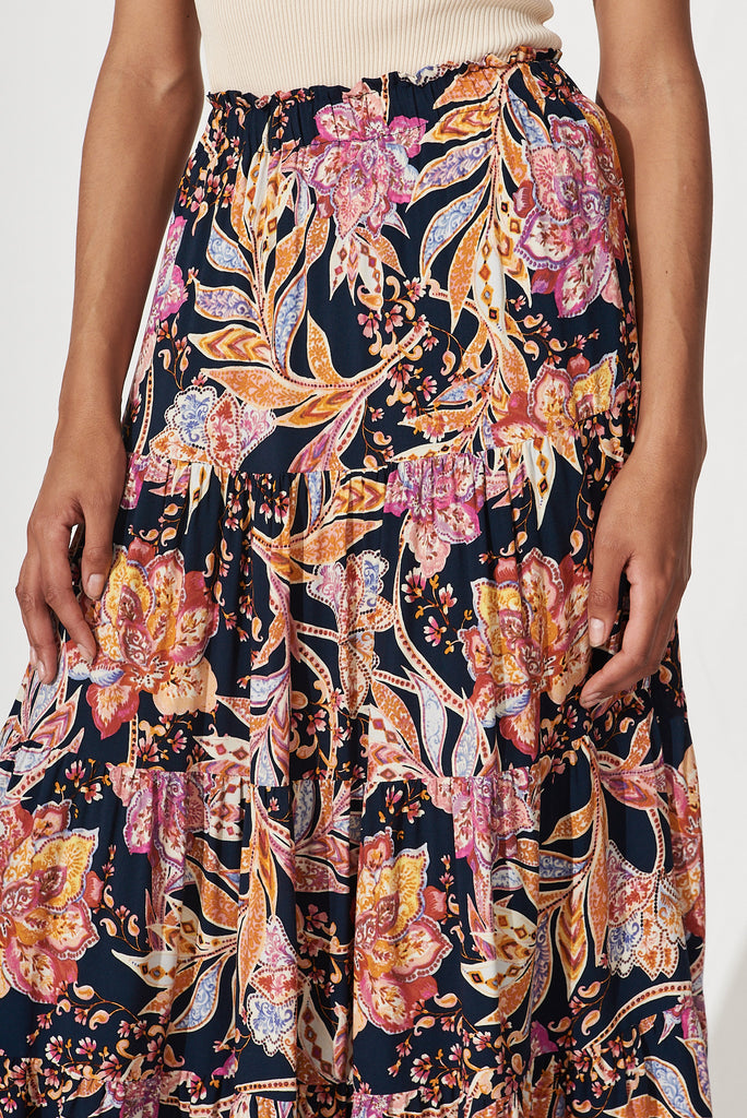 Ocean Breeze Maxi Skirt In Ink With Pink And Yellow Floral - detail