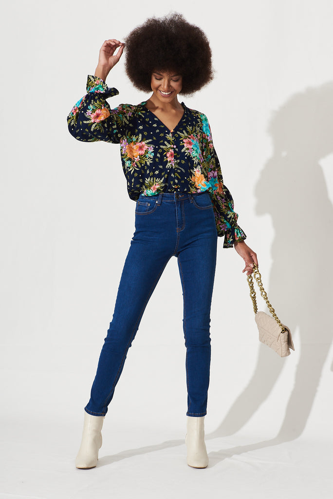 Chariot Shirt In Navy With Multi Tropical Print - full length