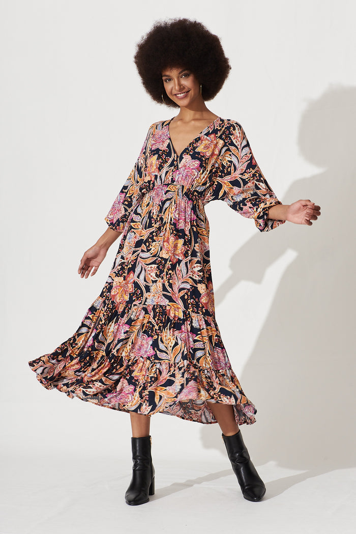 Lavinia Midi Dress Ink With Pink And Yellow Floral - full length
