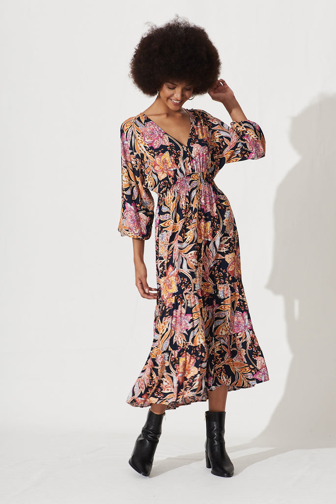Lavinia Midi Dress Ink With Pink And Yellow Floral - full length