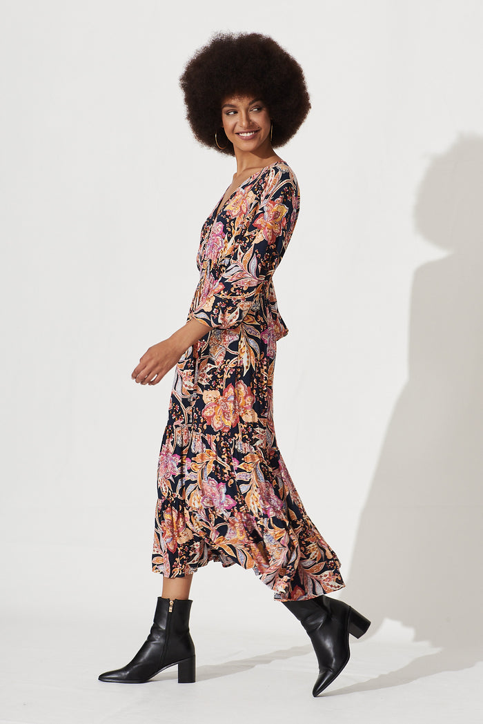 Lavinia Midi Dress Ink With Pink And Yellow Floral - side
