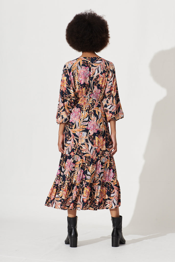 Lavinia Midi Dress Ink With Pink And Yellow Floral - back