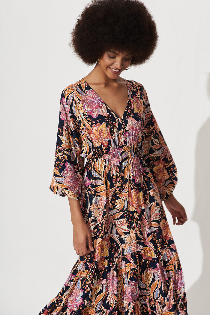 Lavinia Midi Dress Ink With Pink And Yellow Floral - front