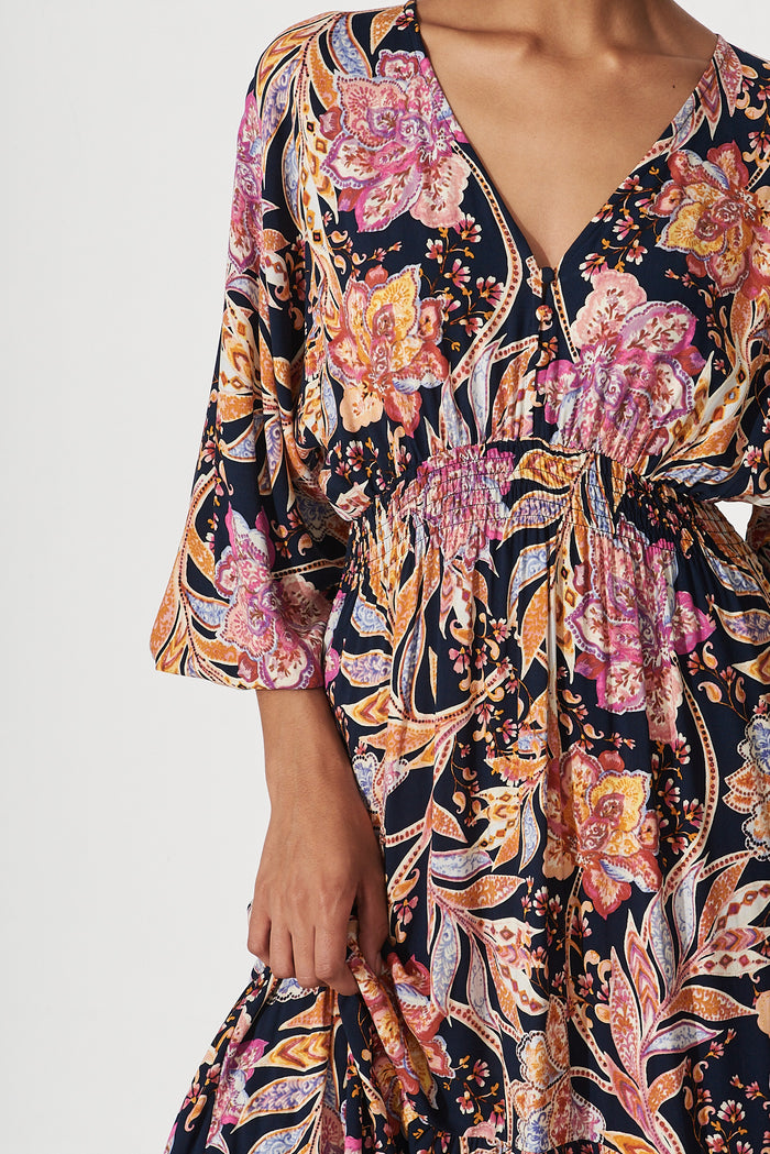 Lavinia Midi Dress Ink With Pink And Yellow Floral - detail