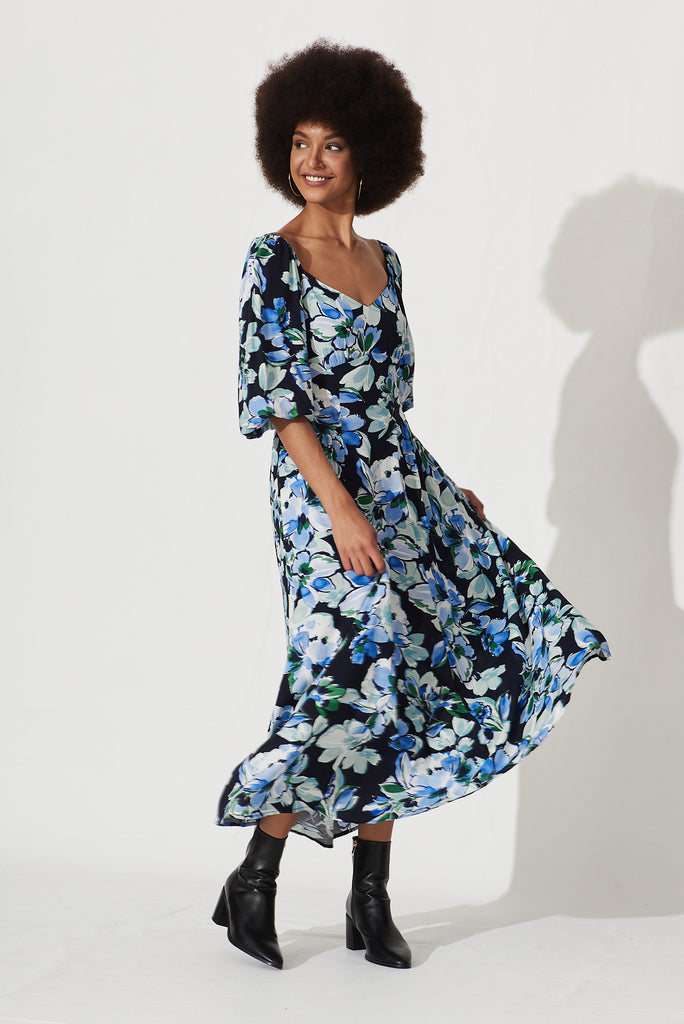 Marley Maxi Dress In Black With Multi Blue Floral Print - full length