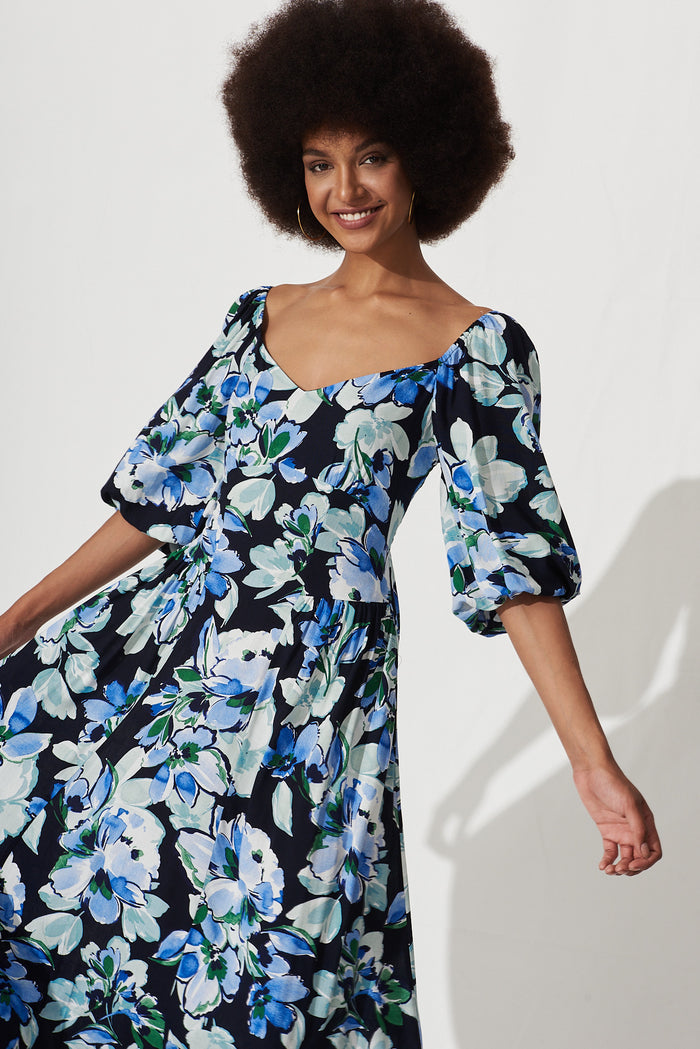 Marley Maxi Dress In Black With Multi Blue Floral Print - front