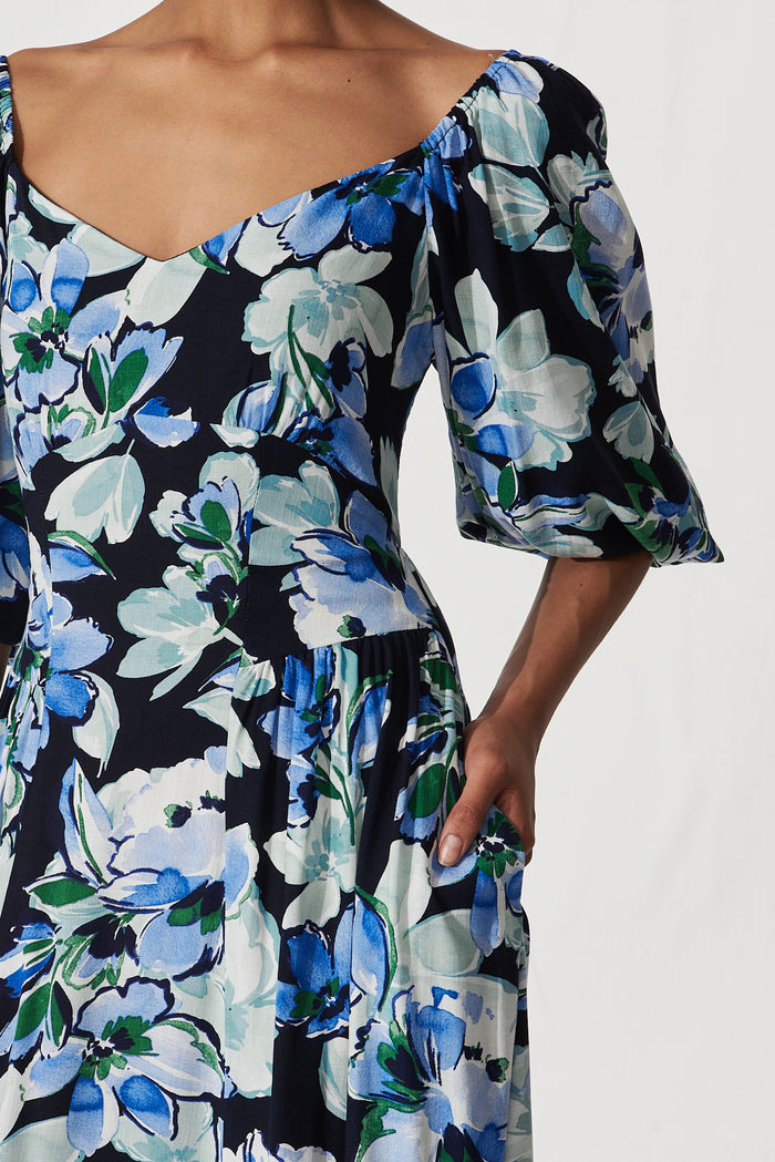 Marley Maxi Dress In Black With Multi Blue Floral Print - detail