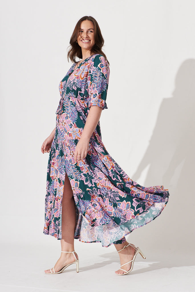 Emilia Maxi Dress In Green With Pink Multi Floral - side