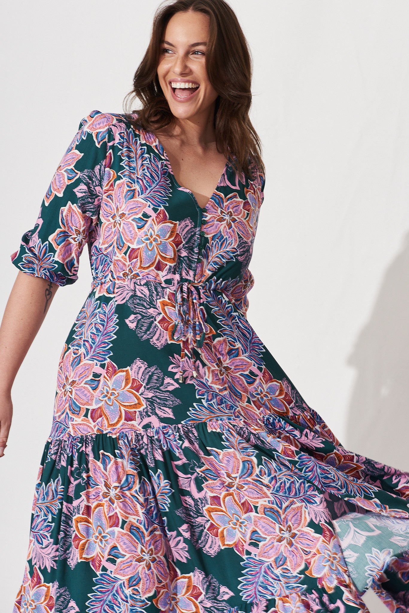 Emilia Maxi Dress In Green With Pink Multi Floral St Frock