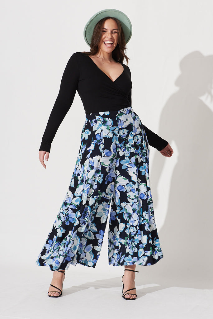 Sugary Pant In Black With Multi Blue Floral Print - full length