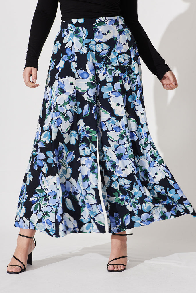 Sugary Pant In Black With Multi Blue Floral Print - front