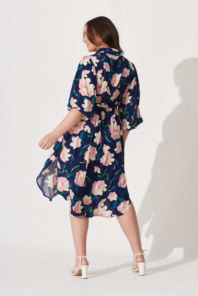 Francy Midi Shirt Dress In Navy With Blush Floral - back