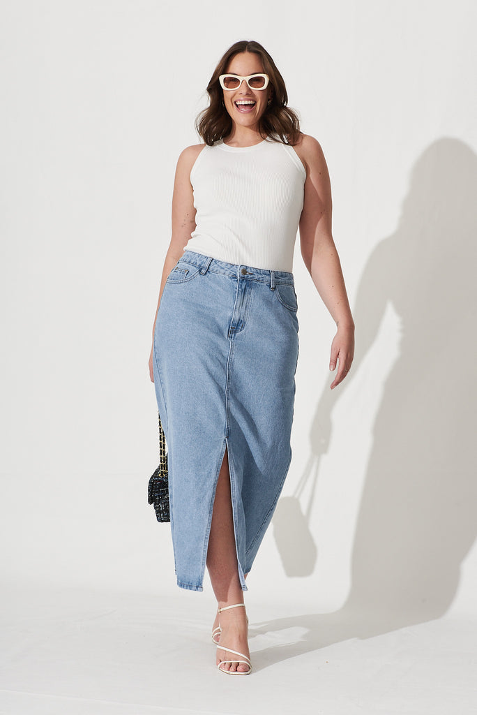 Lattice Maxi Denim Skirt In Light Blue Wash - full length