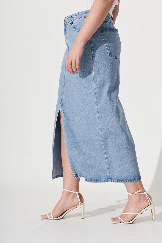 Lattice Maxi Denim Skirt In Light Blue Wash - side