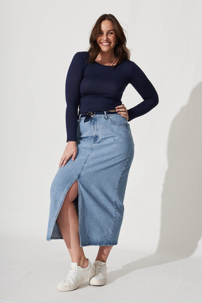 Lattice Maxi Denim Skirt In Light Blue Wash - full length