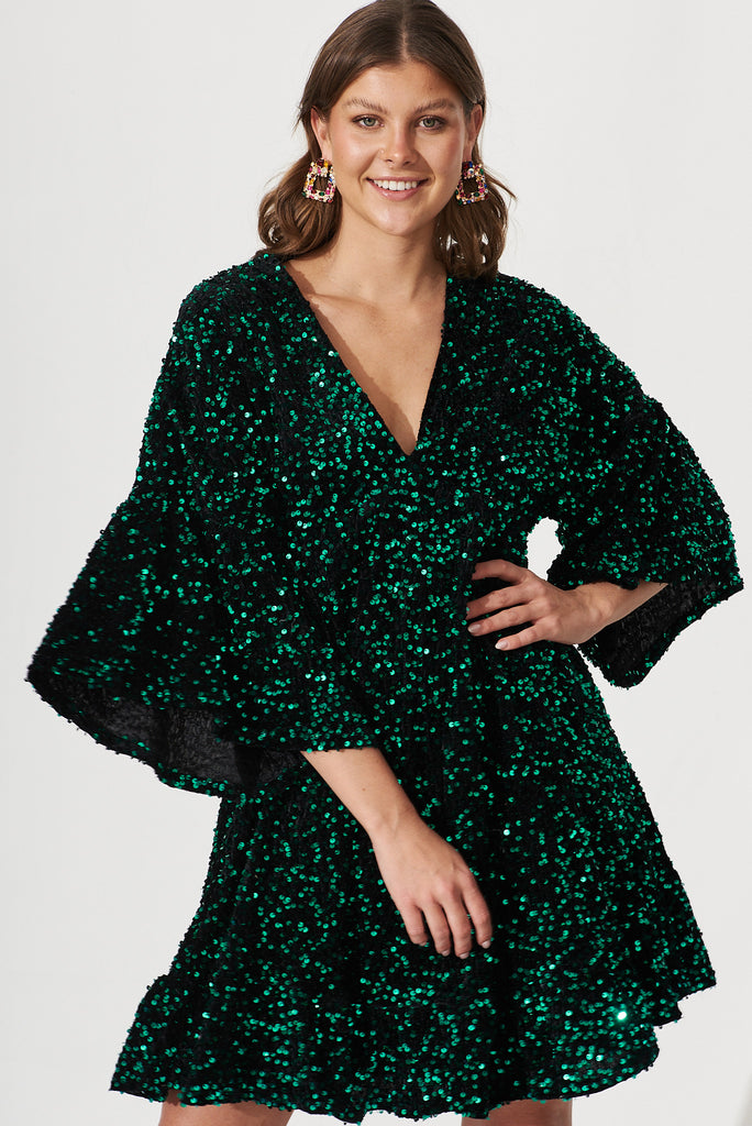 Skylark Sequin Dress In Emerald - front