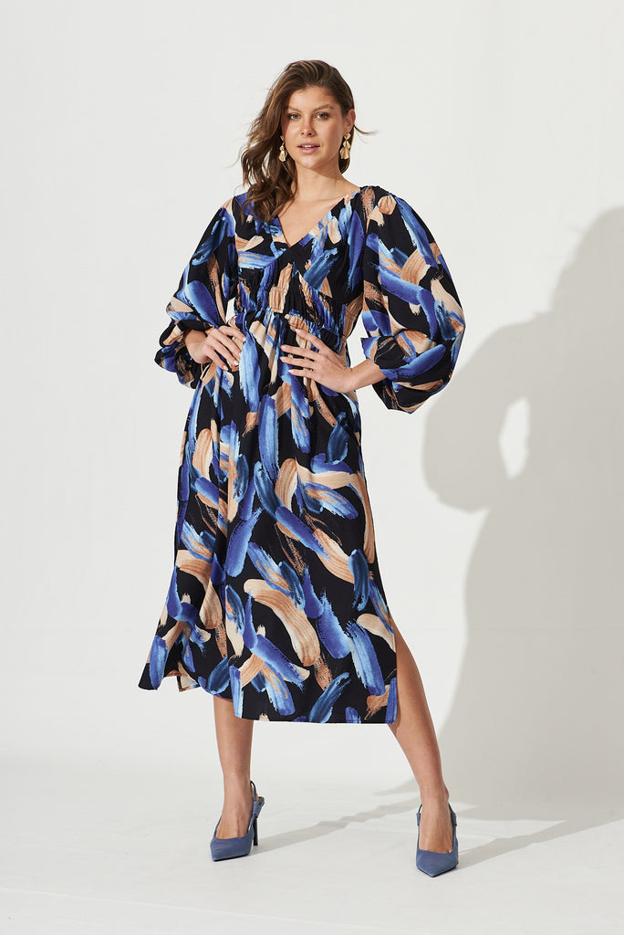 Tobago Midi Dress In Black With Blue And Beige Print - full length
